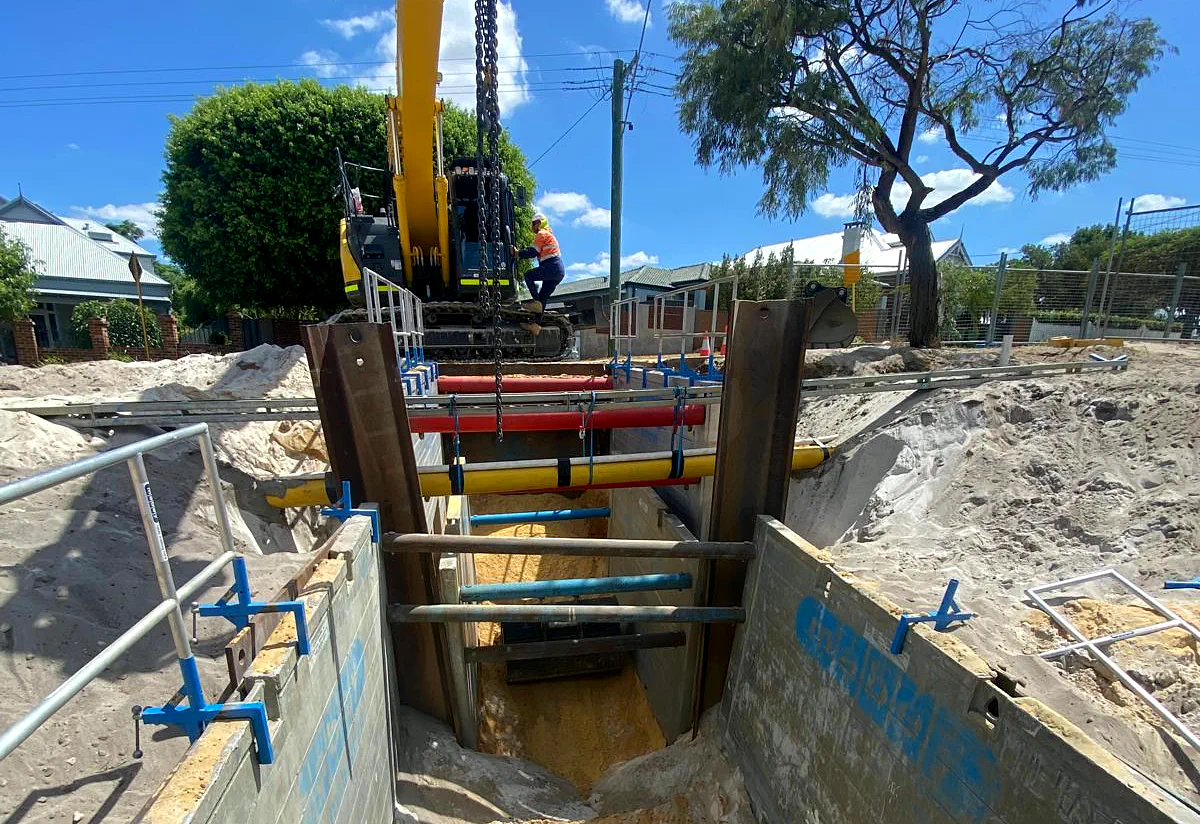 Shored drainage trench excavation on a Perth metro street
