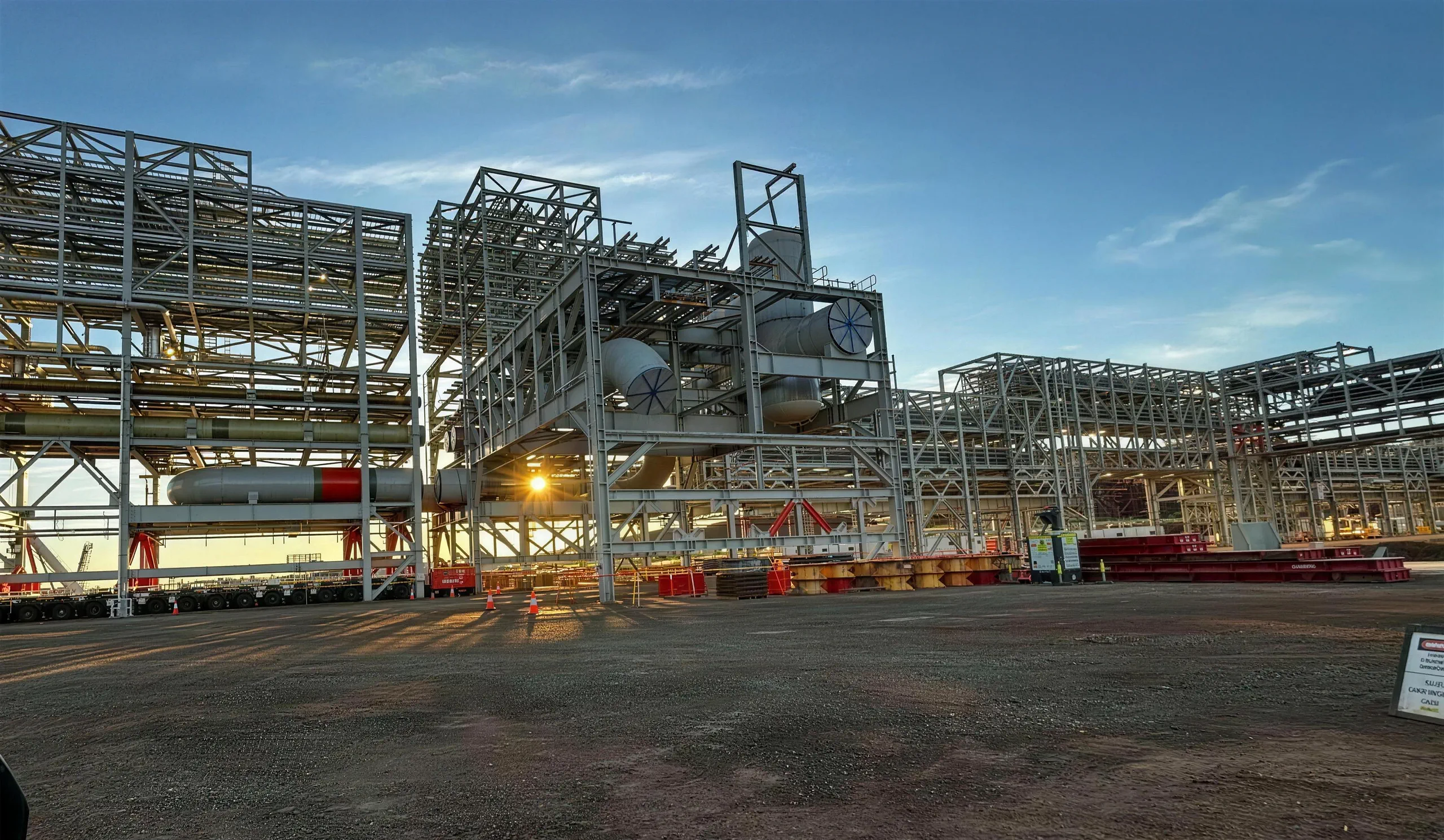 Modular process plant on transporters at dusk — Representative Work, Fitch Civil